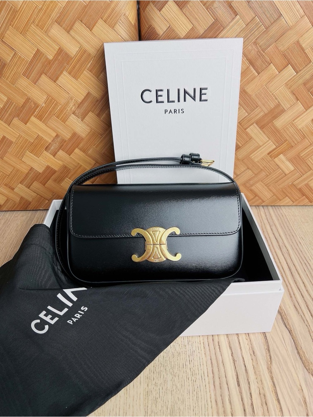 Celine Black Leather Shoulder Bag with Gold Triomphe